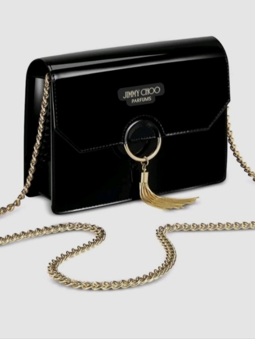Jimmy Choo Parfums evening shoulder bag made of black patent leather with gold